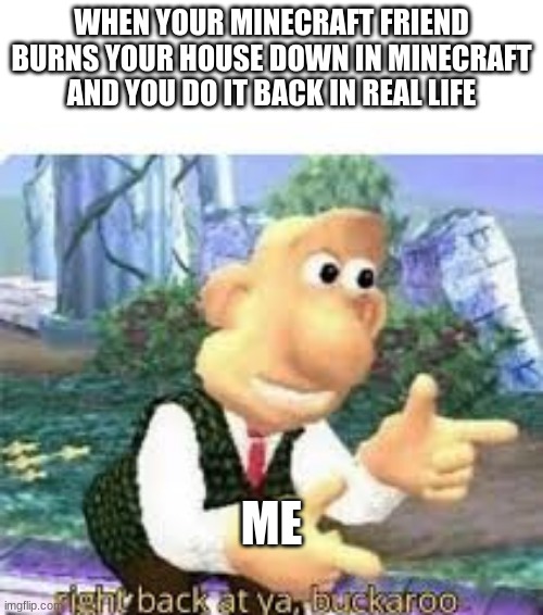 thats mest up | WHEN YOUR MINECRAFT FRIEND BURNS YOUR HOUSE DOWN IN MINECRAFT AND YOU DO IT BACK IN REAL LIFE; ME | image tagged in right back at ya buckaroo | made w/ Imgflip meme maker