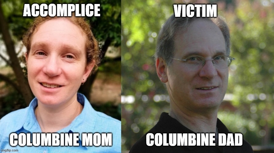 who to blame | ACCOMPLICE; VICTIM; COLUMBINE MOM; COLUMBINE DAD | image tagged in appearances matter,gender equality,justice,violence,blame | made w/ Imgflip meme maker