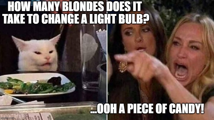 Reverse Smudge and Karen | HOW MANY BLONDES DOES IT 
TAKE TO CHANGE A LIGHT BULB? ...OOH A PIECE OF CANDY! | image tagged in reverse smudge and karen | made w/ Imgflip meme maker