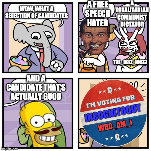 When will the voting link be sent out by the stream MODs? | A FREE SPEECH HATER; A TOTALITARIAN COMMUNIST DICTATOR; WOW, WHAT A SELECTION OF CANDIDATES; THE_BEEZ_KNEEZ; AND A CANDIDATE THAT'S ACTUALLY GOOD | image tagged in memes,politics,comics/cartoons | made w/ Imgflip meme maker