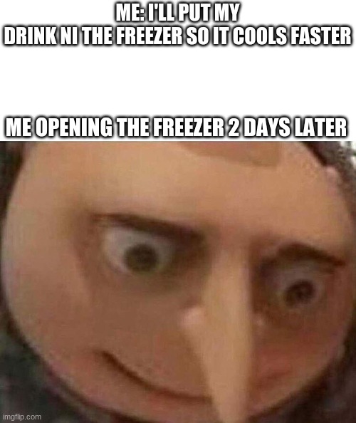 gru meme | ME: I'LL PUT MY DRINK NI THE FREEZER SO IT COOLS FASTER; ME OPENING THE FREEZER 2 DAYS LATER | image tagged in gru meme | made w/ Imgflip meme maker