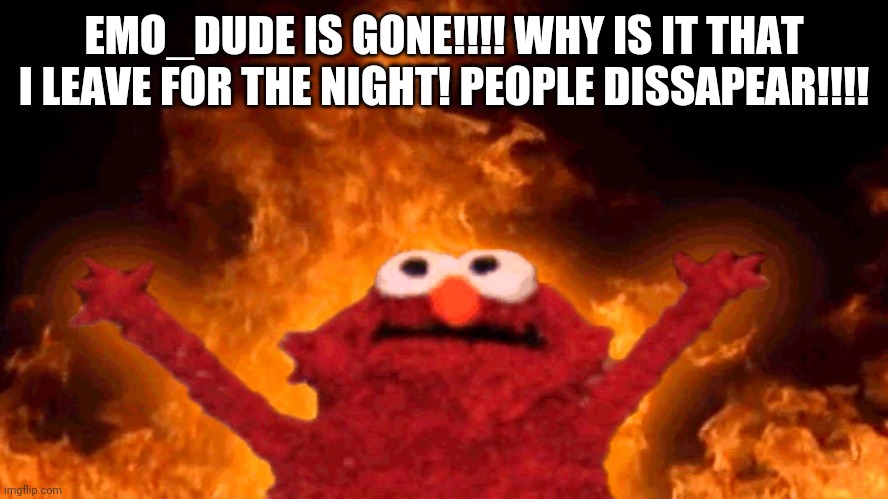 Its the boogieman | EMO_DUDE IS GONE!!!! WHY IS IT THAT I LEAVE FOR THE NIGHT! PEOPLE DISSAPEAR!!!! | image tagged in elmo fire | made w/ Imgflip meme maker