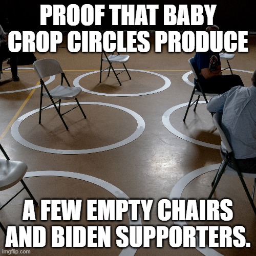 Baby crop circles during their training phase: | PROOF THAT BABY CROP CIRCLES PRODUCE; A FEW EMPTY CHAIRS AND BIDEN SUPPORTERS. | image tagged in how to produce chairs and biden supporters | made w/ Imgflip meme maker