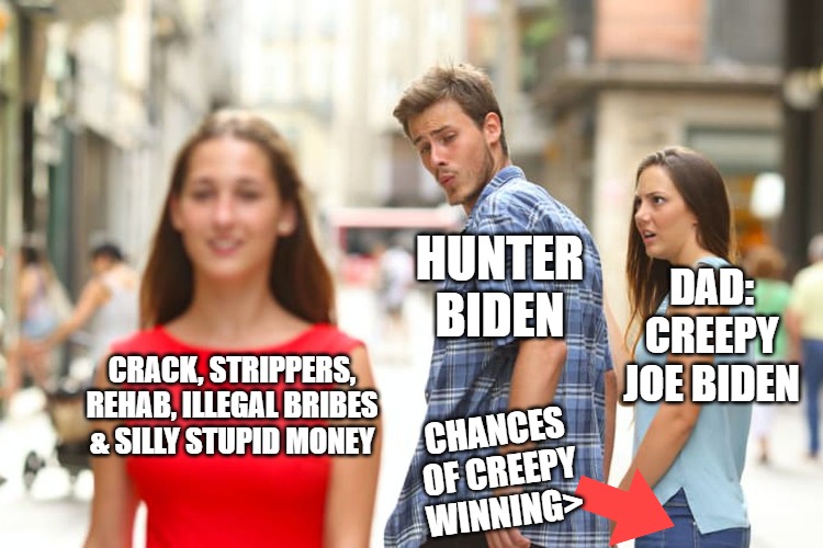 Joe And Hunter Briben | HUNTER BIDEN; DAD: CREEPY JOE BIDEN; CRACK, STRIPPERS, REHAB, ILLEGAL BRIBES & SILLY STUPID MONEY; CHANCES OF CREEPY WINNING> | image tagged in memes,distracted boyfriend,creepy joe biden,biden obama | made w/ Imgflip meme maker