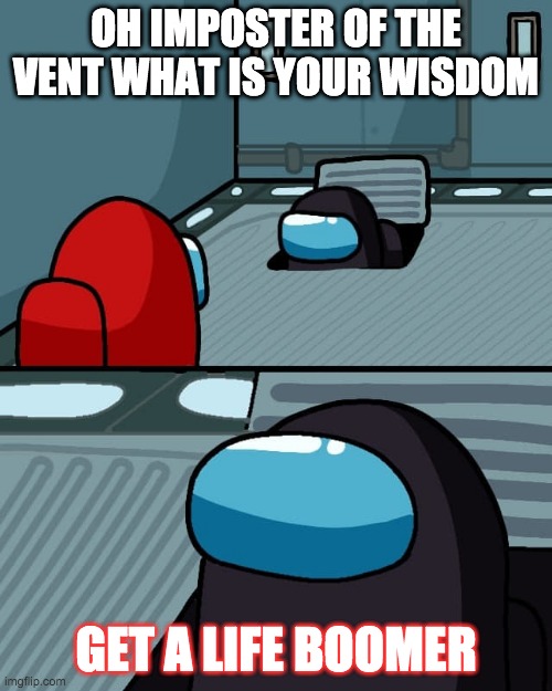 oh imposter of the vent what is your wisdom |  OH IMPOSTER OF THE VENT WHAT IS YOUR WISDOM; GET A LIFE BOOMER | image tagged in oh imposter of the vent what is your wisdom | made w/ Imgflip meme maker