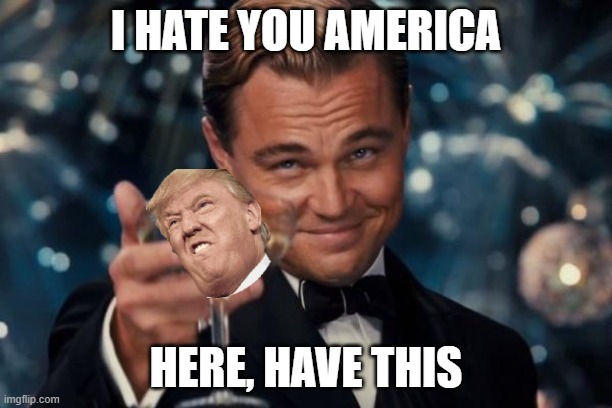 Leonardo Dicaprio Cheers | I HATE YOU AMERICA; HERE, HAVE THIS | image tagged in memes,leonardo dicaprio cheers | made w/ Imgflip meme maker