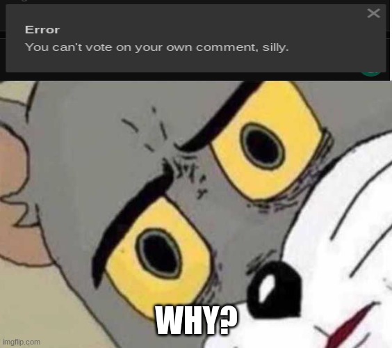 :( | WHY? | image tagged in tom cat unsettled close up | made w/ Imgflip meme maker