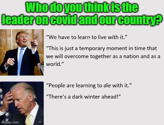 Optimist vs a pessimist | Who do you think is the leader on covid and our country? | image tagged in donald trump,joe biden,election 2020,pessimist,optimist | made w/ Imgflip meme maker