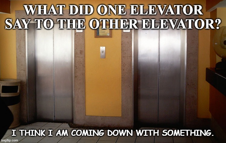Daily Bad Dad Joke Oct 29 2020 | WHAT DID ONE ELEVATOR SAY TO THE OTHER ELEVATOR? I THINK I AM COMING DOWN WITH SOMETHING. | image tagged in 2 elevators | made w/ Imgflip meme maker
