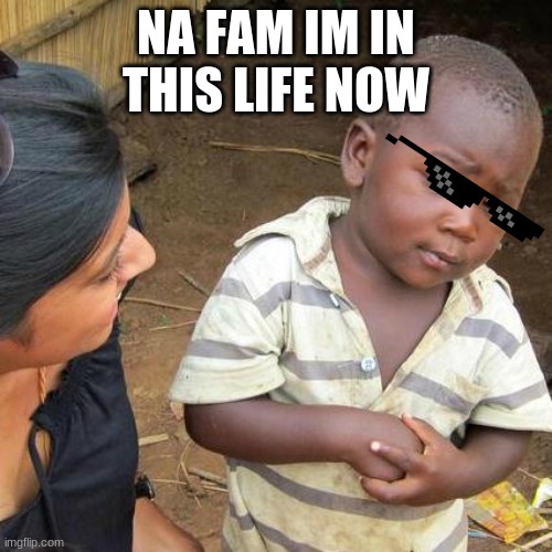 Third World Skeptical Kid | NA FAM IM IN THIS LIFE NOW | image tagged in memes,third world skeptical kid | made w/ Imgflip meme maker