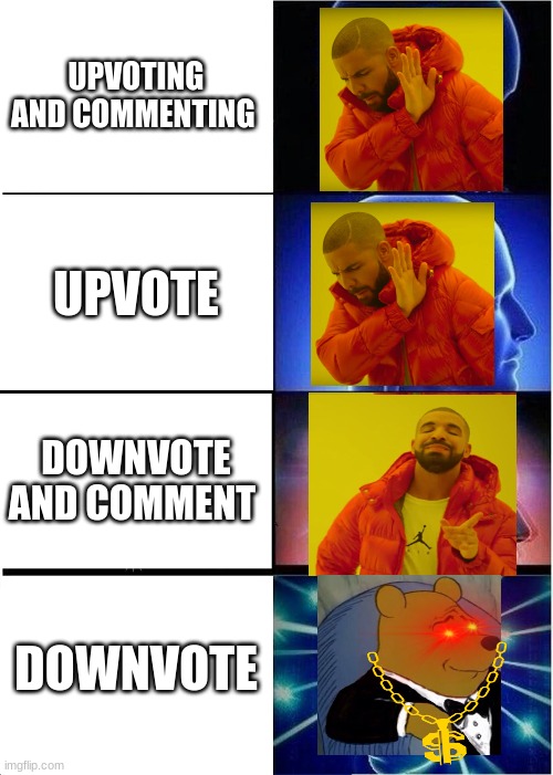 Expanding Brain | UPVOTING AND COMMENTING; UPVOTE; DOWNVOTE AND COMMENT; DOWNVOTE | image tagged in memes,expanding brain | made w/ Imgflip meme maker