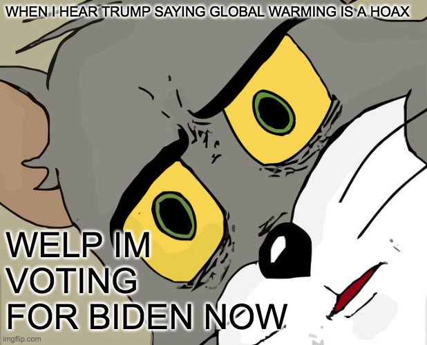 Unsettled Tom | WHEN I HEAR TRUMP SAYING GLOBAL WARMING IS A HOAX; WELP IM VOTING FOR BIDEN NOW | image tagged in memes,unsettled tom | made w/ Imgflip meme maker