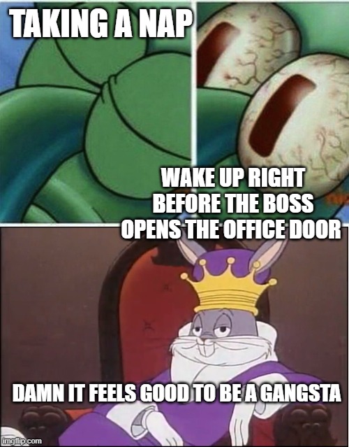 Damn it feels good to be a gangsta | TAKING A NAP; WAKE UP RIGHT BEFORE THE BOSS OPENS THE OFFICE DOOR; DAMN IT FEELS GOOD TO BE A GANGSTA | image tagged in squidward,king buggs bunny,gangsta,boss,like a boss | made w/ Imgflip meme maker