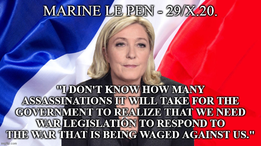 Assassination in Nice | MARINE LE PEN - 29/X.20. "I DON'T KNOW HOW MANY ASSASSINATIONS IT WILL TAKE FOR THE GOVERNMENT TO REALIZE THAT WE NEED WAR LEGISLATION TO RESPOND TO THE WAR THAT IS BEING WAGED AGAINST US." | image tagged in marine le pen,islamic terrorism,islam,radical islam,france | made w/ Imgflip meme maker
