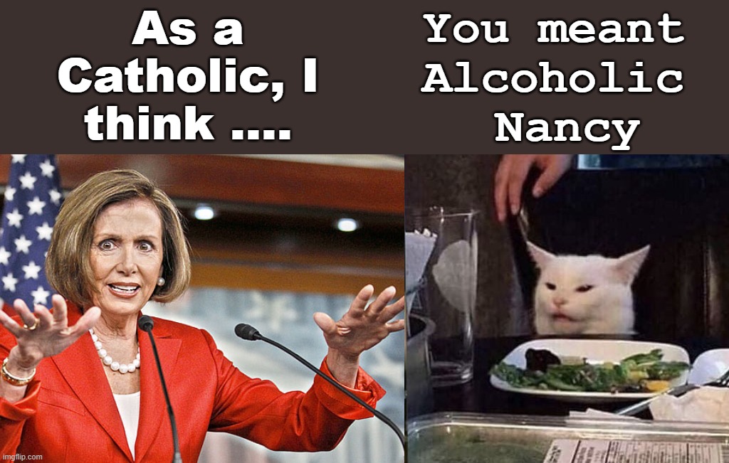 Have another drink Nanc. | You meant 
Alcoholic 
Nancy; As a Catholic, I think .... | image tagged in woman yelling at cat,nancy pelosi,political meme | made w/ Imgflip meme maker