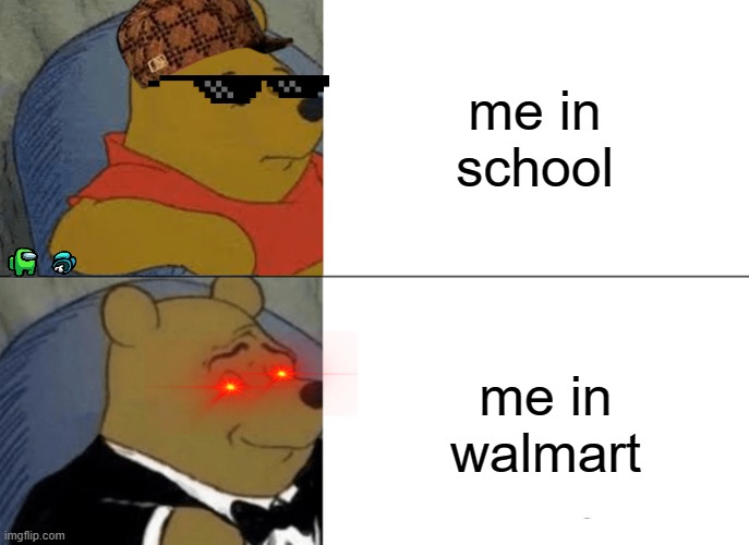 i made this with stupidity | me in school; me in walmart | image tagged in memes,tuxedo winnie the pooh | made w/ Imgflip meme maker