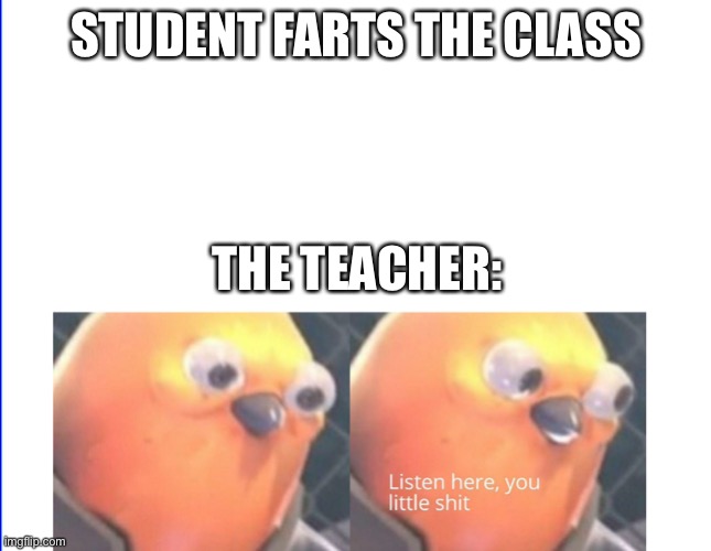 Listen here you little shit | STUDENT FARTS THE CLASS; THE TEACHER: | image tagged in listen here you little shit | made w/ Imgflip meme maker