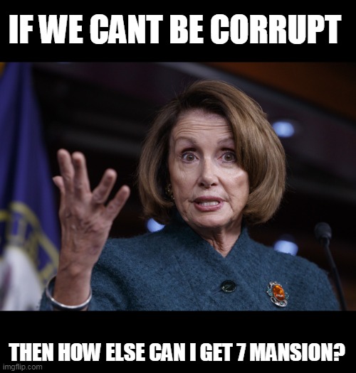 Good old Nancy Pelosi | IF WE CANT BE CORRUPT THEN HOW ELSE CAN I GET 7 MANSION? | image tagged in good old nancy pelosi | made w/ Imgflip meme maker