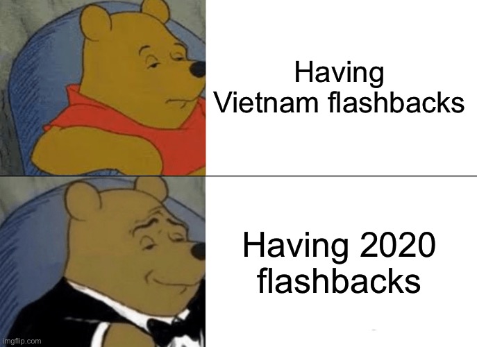 Creepy as heck | Having Vietnam flashbacks; Having 2020 flashbacks | image tagged in memes,tuxedo winnie the pooh,2020,vietnam,flashback,funny | made w/ Imgflip meme maker