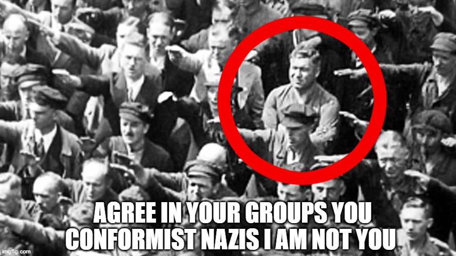 AGREE IN YOUR GROUPS YOU CONFORMIST NAZIS I AM NOT YOU | image tagged in nope nope nope | made w/ Imgflip meme maker