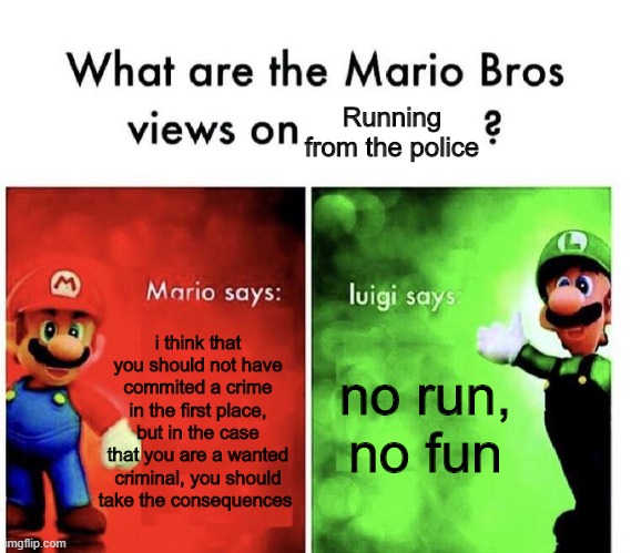 Luigi Has done it again | Running from the police; i think that you should not have commited a crime in the first place, but in the case that you are a wanted criminal, you should take the consequences; no run, no fun | image tagged in mario bros views | made w/ Imgflip meme maker