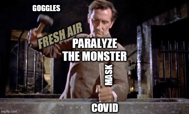 HALLOWEEN 2020 BE SAFE YE ALL | GOGGLES; FRESH AIR; PARALYZE
THE MONSTER; MASK; COVID | image tagged in covid-19,halloween,peter cushing,hammer,van helsing,stake | made w/ Imgflip meme maker