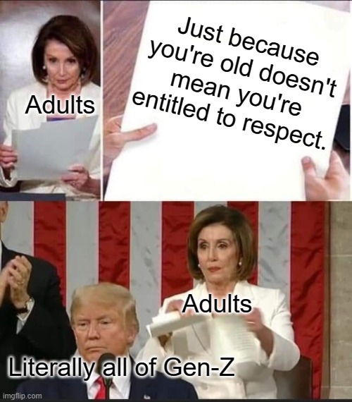 It's true tho | Just because you're old doesn't mean you're entitled to respect. Adults; Adults; Literally all of Gen-Z | image tagged in nancy pelosi tears speech,memes,fun | made w/ Imgflip meme maker
