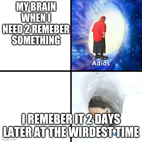 Adios Bonjour | MY BRAIN WHEN I NEED 2 REMEBER SOMETHING; I REMEBER IT 2 DAYS LATER AT THE WIRDEST TIME | image tagged in adios bonjour | made w/ Imgflip meme maker