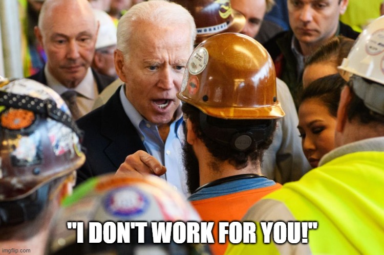Excuse me, yes, you do!  What an idiot! | "I DON'T WORK FOR YOU!" | image tagged in joe biden,election 2020,trump,trump 2020,maga,biden | made w/ Imgflip meme maker