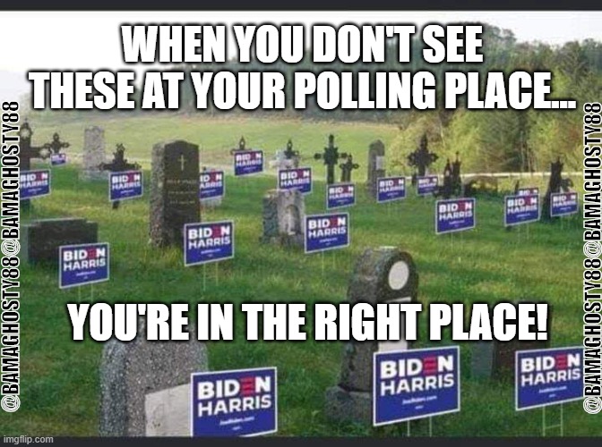 WHEN YOU DON'T SEE THESE AT YOUR POLLING PLACE... @BAMAGHOSTY88@BAMAGHOSTY88; @BAMAGHOSTY88@BAMAGHOSTY88; YOU'RE IN THE RIGHT PLACE! | image tagged in trump 2020,creepy joe biden,kamala harris,republican party,democratic party,make america great again | made w/ Imgflip meme maker