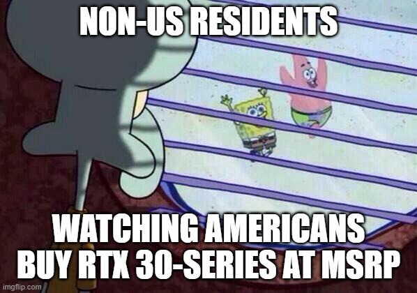 Squidward window | NON-US RESIDENTS; WATCHING AMERICANS BUY RTX 30-SERIES AT MSRP | image tagged in squidward window | made w/ Imgflip meme maker