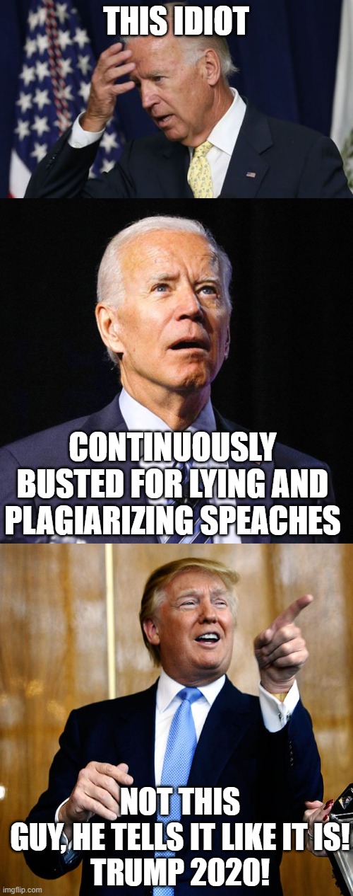 Biden is just a puppet, why don't people see that? | THIS IDIOT; CONTINUOUSLY BUSTED FOR LYING AND PLAGIARIZING SPEACHES; NOT THIS GUY, HE TELLS IT LIKE IT IS!

TRUMP 2020! | image tagged in joe biden worries,joe biden,trump,trump 2020,election 2020,maga | made w/ Imgflip meme maker