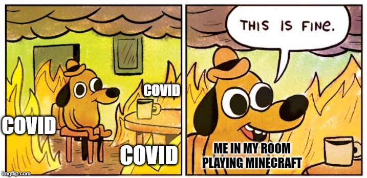 This Is Fine | COVID; COVID; COVID; ME IN MY ROOM PLAYING MINECRAFT | image tagged in memes,this is fine | made w/ Imgflip meme maker