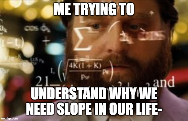 math | ME TRYING TO; UNDERSTAND WHY WE NEED SLOPE IN OUR LIFE- | image tagged in trying to calculate how much sleep i can get | made w/ Imgflip meme maker