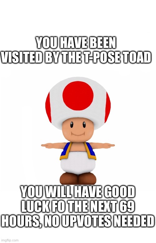 Have some good luck for 69 hours. | YOU HAVE BEEN VISITED BY THE T-POSE TOAD; YOU WILL HAVE GOOD LUCK FO THE NEXT 69 HOURS, NO UPVOTES NEEDED | image tagged in t pose toad,memes,69,good luck | made w/ Imgflip meme maker