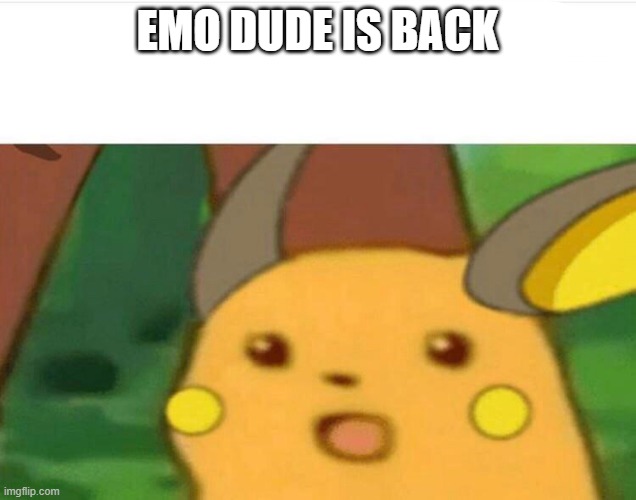 surprised raichu | EMO DUDE IS BACK | image tagged in surprised raichu | made w/ Imgflip meme maker