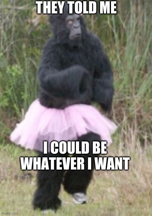 Bigfoot | THEY TOLD ME; I COULD BE WHATEVER I WANT | image tagged in bigfoot,gorilla,memes,funny memes,lol so funny,bruh | made w/ Imgflip meme maker