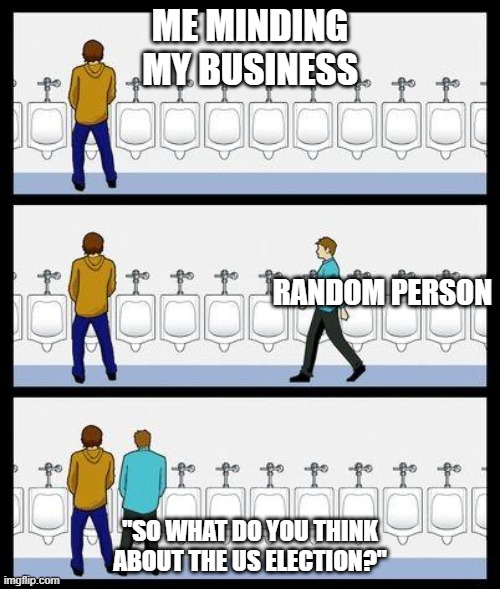 US election | ME MINDING MY BUSINESS; RANDOM PERSON; "SO WHAT DO YOU THINK ABOUT THE US ELECTION?" | image tagged in urinal guy | made w/ Imgflip meme maker
