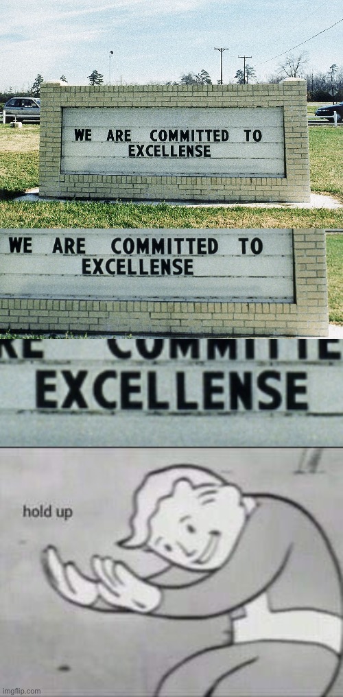 We are committed to excellense | image tagged in fallout hold up | made w/ Imgflip meme maker