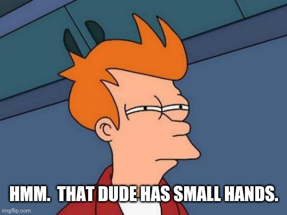 Futurama Fry Meme | HMM.  THAT DUDE HAS SMALL HANDS. | image tagged in memes,futurama fry | made w/ Imgflip meme maker