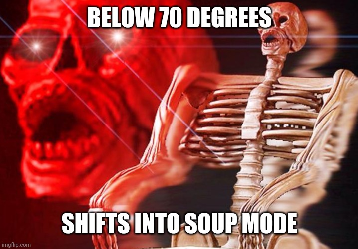 Soupmode | BELOW 70 DEGREES; SHIFTS INTO SOUP MODE | image tagged in skeleton | made w/ Imgflip meme maker