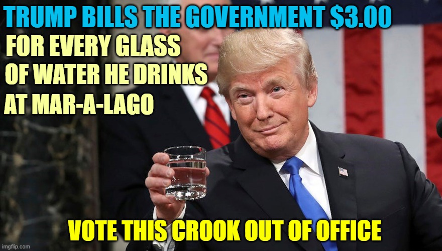 Trump has directed millions from U.S. taxpayers into his own businesses | TRUMP BILLS THE GOVERNMENT $3.00; FOR EVERY GLASS; OF WATER HE DRINKS; AT MAR-A-LAGO; VOTE THIS CROOK OUT OF OFFICE | image tagged in donald trump you're fired,dump trump,corruption,criminal,lock him up,vote him out | made w/ Imgflip meme maker