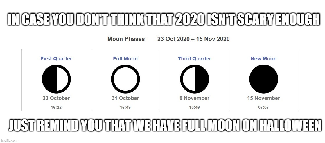 Halloween 2020 | IN CASE YOU DON'T THINK THAT 2020 ISN'T SCARY ENOUGH; JUST REMIND YOU THAT WE HAVE FULL MOON ON HALLOWEEN | image tagged in halloween,halloween 2020,full moon,coronavirus,covid-19 | made w/ Imgflip meme maker