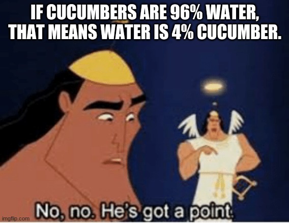 No, no. He's got a point | IF CUCUMBERS ARE 96% WATER, THAT MEANS WATER IS 4% CUCUMBER. | image tagged in no no he's got a point,cucumber,water | made w/ Imgflip meme maker
