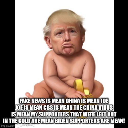 Trump Baby | FAKE NEWS IS MEAN CHINA IS MEAN JOE JOE IS MEAN CBS IS MEAN THE CHINA VIRUS IS MEAN MY SUPPORTERS THAT WERE LEFT OUT IN THE COLD ARE MEAN BI | image tagged in trump baby | made w/ Imgflip meme maker