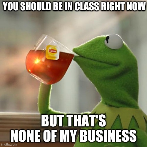 Kermit Knows | YOU SHOULD BE IN CLASS RIGHT NOW; BUT THAT'S NONE OF MY BUSINESS | image tagged in memes,but that's none of my business,kermit the frog,online class | made w/ Imgflip meme maker