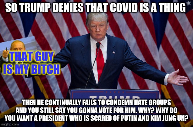 Donald Trump | SO TRUMP DENIES THAT COVID IS A THING; THAT GUY IS MY BITCH; THEN HE CONTINUALLY FAILS TO CONDEMN HATE GROUPS AND YOU STILL SAY YOU GONNA VOTE FOR HIM. WHY? WHY DO YOU WANT A PRESIDENT WHO IS SCARED OF PUTIN AND KIM JUNG UN? | image tagged in donald trump | made w/ Imgflip meme maker