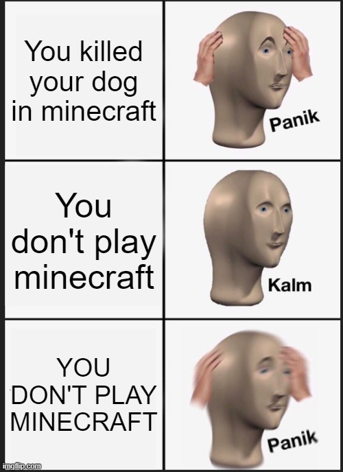 e | You killed your dog in minecraft; You don't play minecraft; YOU DON'T PLAY MINECRAFT | image tagged in memes,panik kalm panik | made w/ Imgflip meme maker