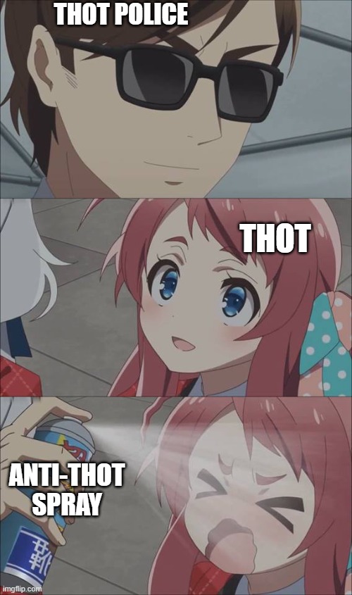 Begone, THOT! | THOT POLICE; THOT; ANTI-THOT SPRAY | image tagged in anime spray,thot,anime,memes,police | made w/ Imgflip meme maker