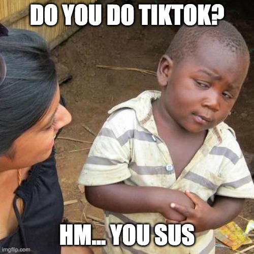 Third World Skeptical Kid Meme | DO YOU DO TIKTOK? HM... YOU SUS | image tagged in memes,third world skeptical kid | made w/ Imgflip meme maker